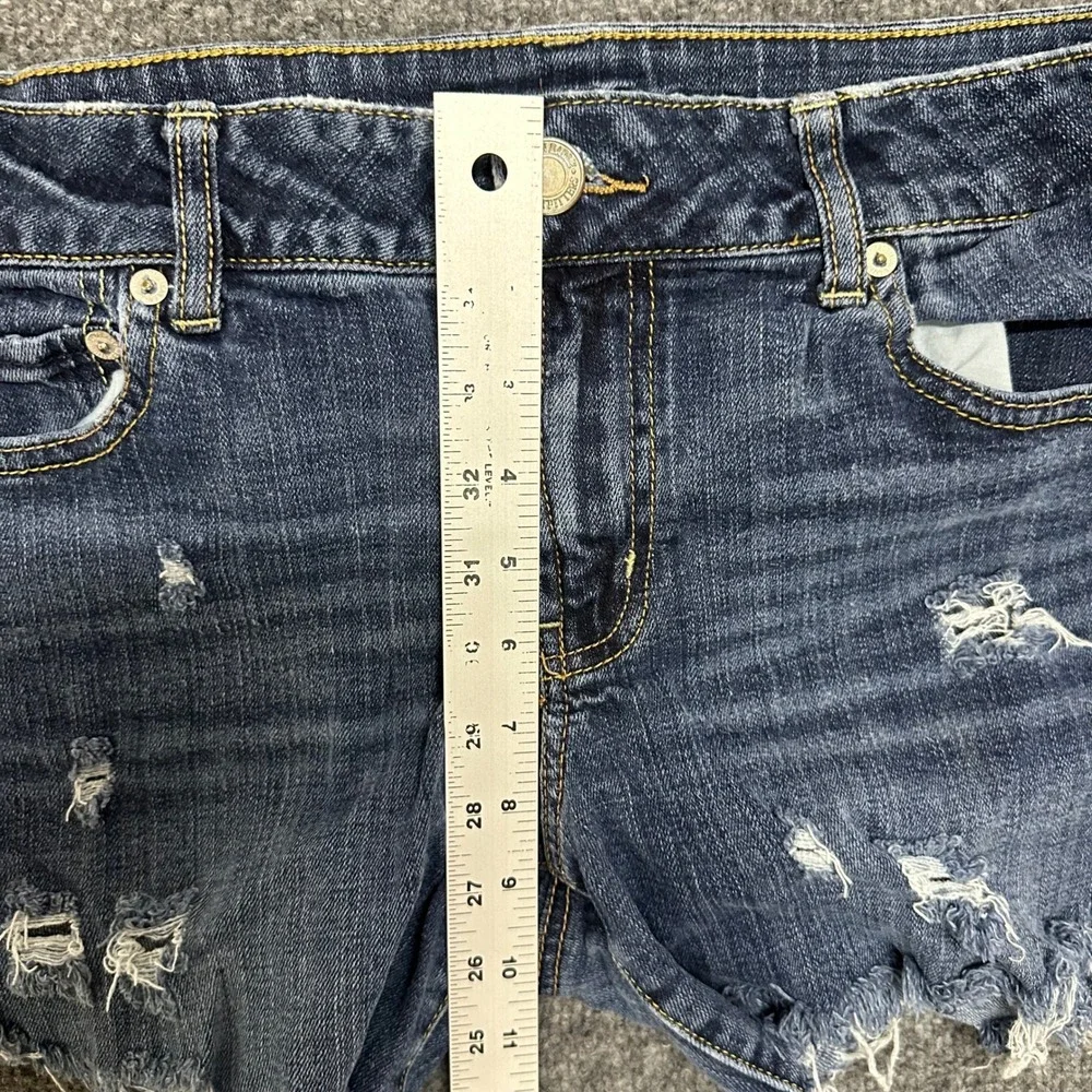 American Eagle Denim Shorts Womens Size 14 Long Dark Wash Distressed Cut Off